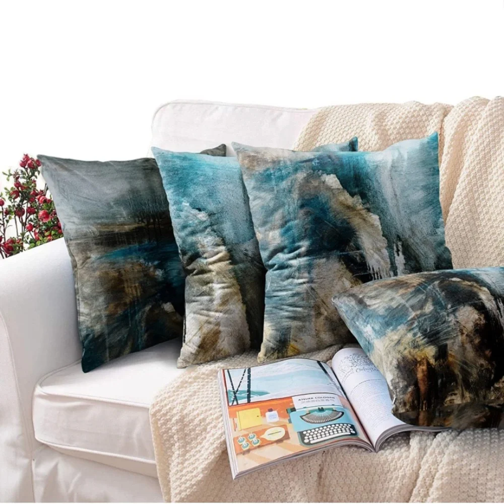 Luxury Home | Modern Teal & Brown Abstract Oil Painting Throw Pillow Covers